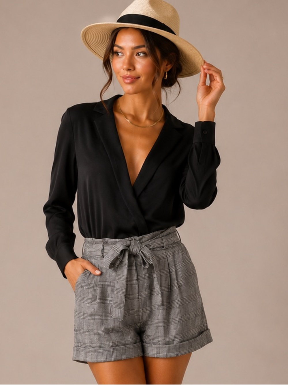 High-Waist Plaid Tie-Belt Women’s Shorts - Gray